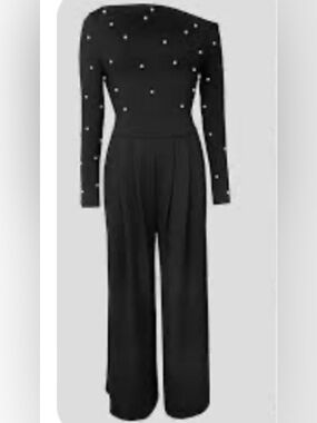 NWOT Black Wide-Leg Jumpsuit with Pearl Detail CHICME sz M